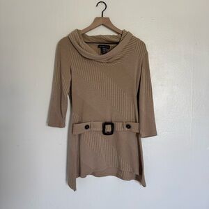 Vintage Frank Lyman Design Tan Ribbed Cowl Neck Sweater with decorative belt